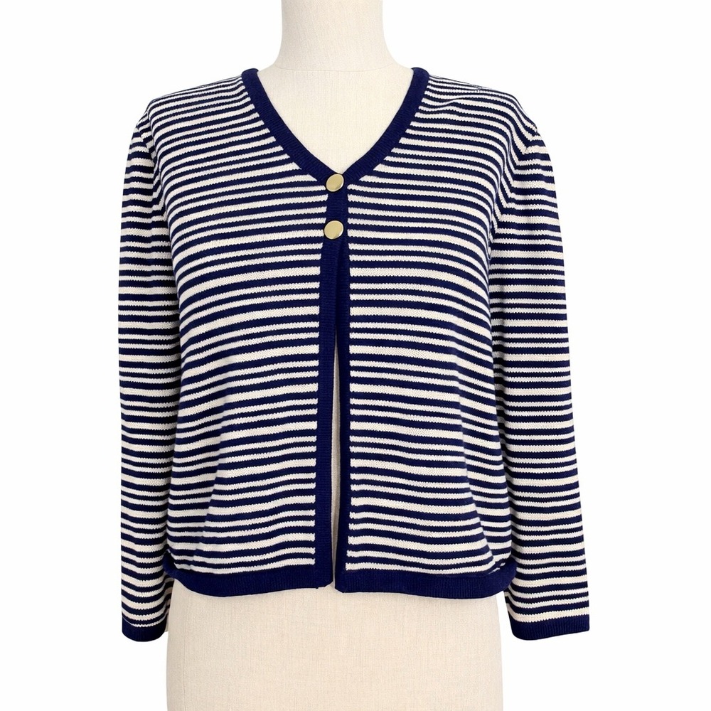 St John‎ Knits SJK Striped Cardigan Sweater Navy Cream Wool Gold Buttons 6 USA